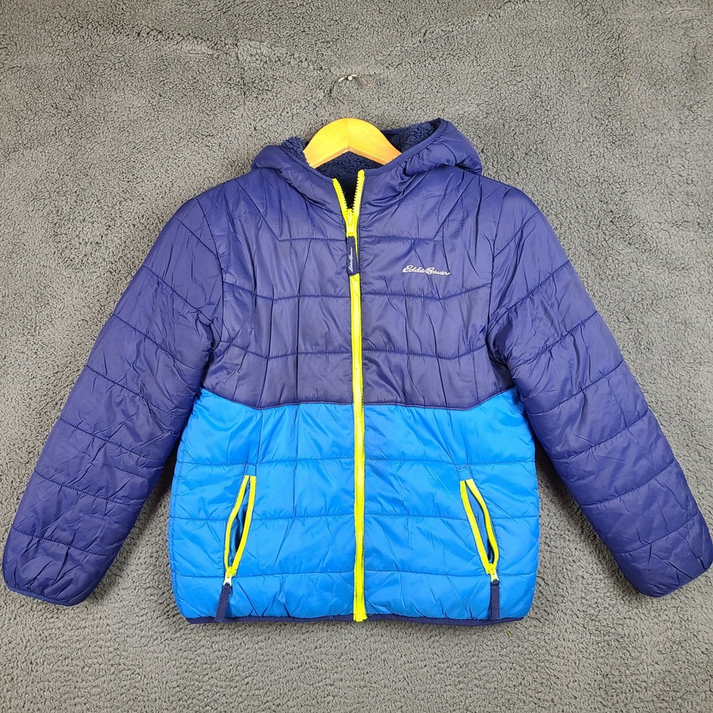 Eddie Bauer Kids Reversible Puffer Jacket Blue Fleece Hooded Coat Size M 10/12